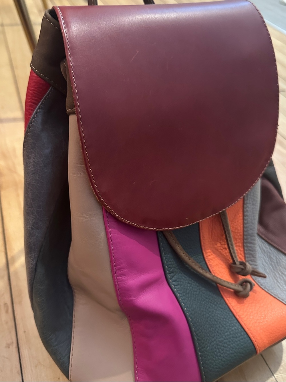 Multicolor Leather Patchwork Drawstring Backpack - Pink/Maroon